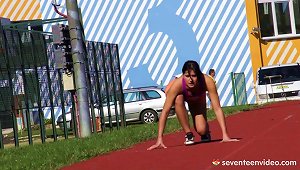 A Hot Track Star Finishes Her Workout By Fucking Her Hairy Pussy