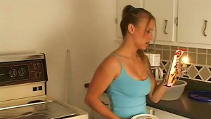 Playful Teen Babe Showing Her Natural Tits While Cooking