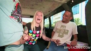 Sex Bus Hot Action With Blonde Rubbing Two Dicks