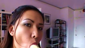 Cunning Asian Cowgirl Blowjobs While Eating Banana On Pov
