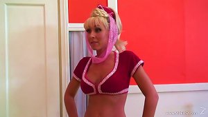 Lovely Blonde Cowgirl With Fake Tits Giving A Blowjob
